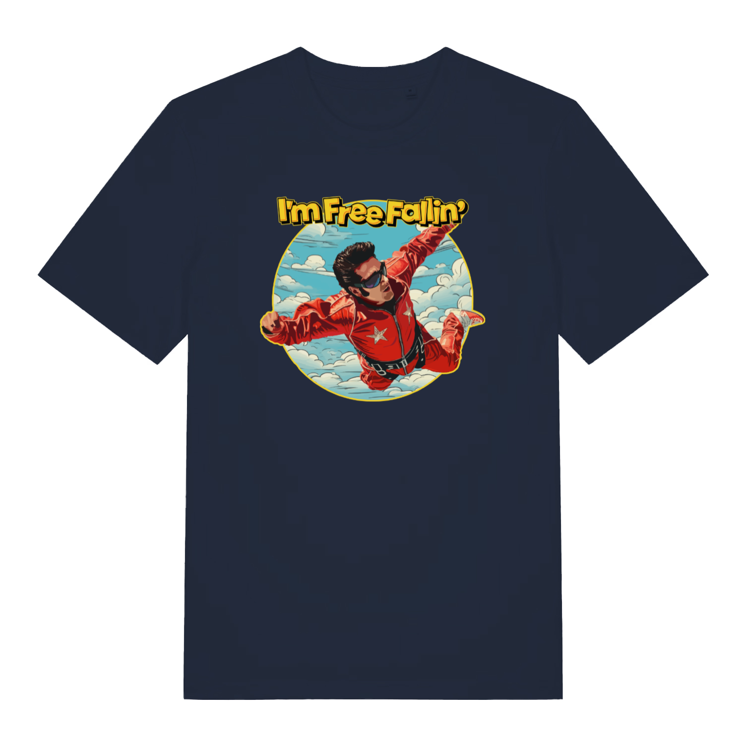 navy women's music t-shirt with the graphic of a man skydiving and the slogan 'i'm free fallin'