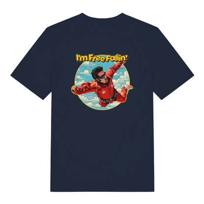 navy women's music t-shirt with the graphic of a man skydiving and the slogan 'i'm free fallin'