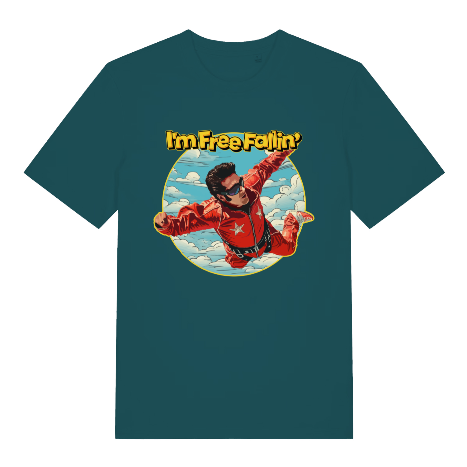 Stargazer women's Free Fallin' T-shirt flat lay showing Elvis "I'm Free Fallin'" rock 'n' roll graphic