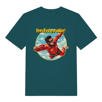 Stargazer women's Free Fallin' T-shirt flat lay showing Elvis "I'm Free Fallin'" rock 'n' roll graphic