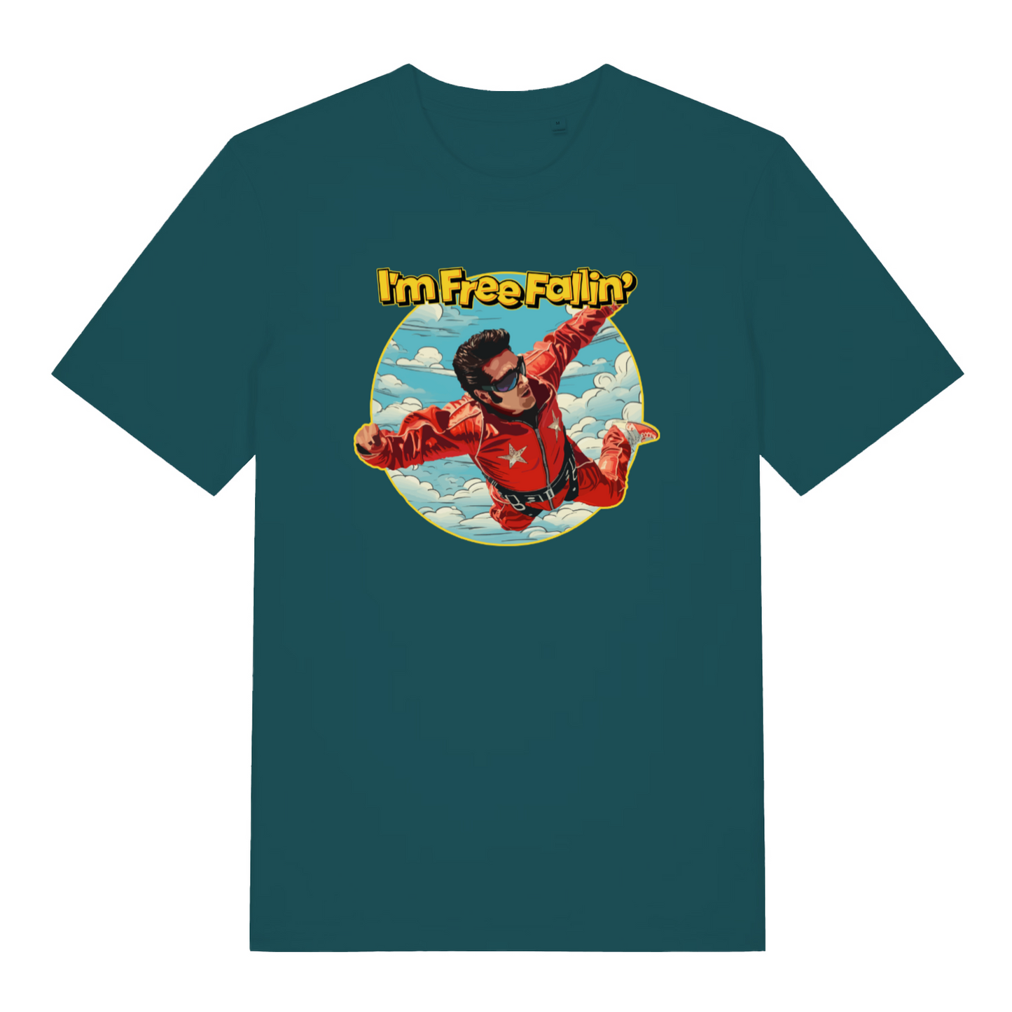 green women's music t-shirt with the graphic of a man skydiving and the slogan 'i'm free fallin'