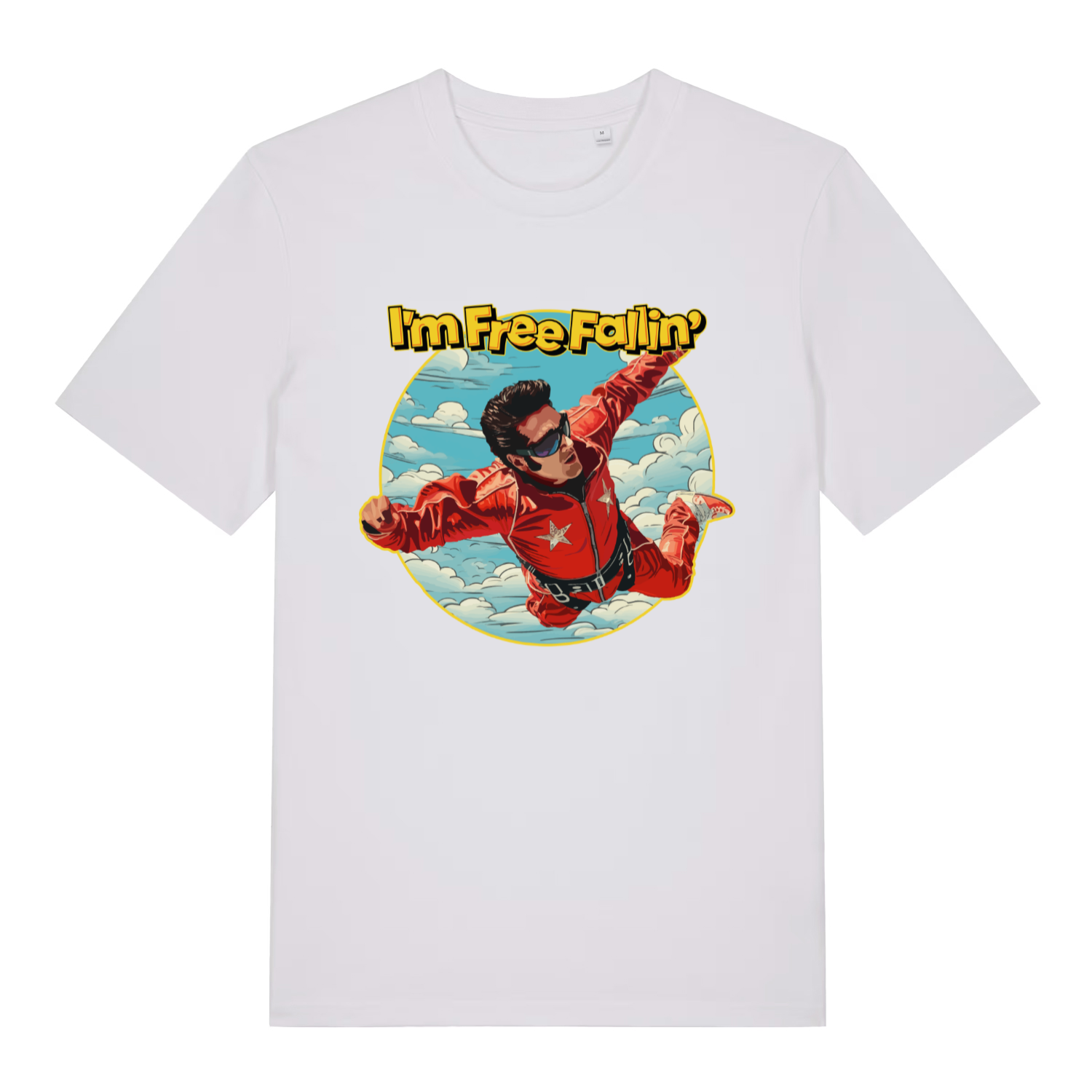White women's Free Fallin' T-shirt flat lay with epic Elvis jumpsuit skydiving illustration