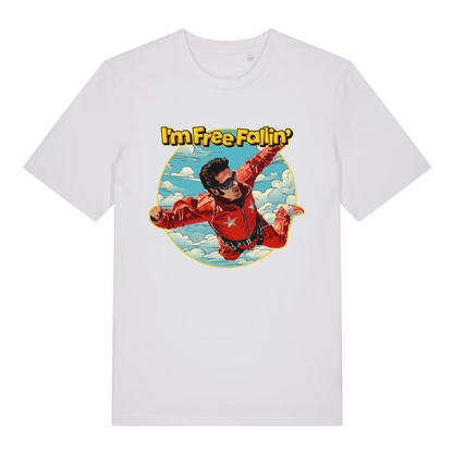 White women's Free Fallin' T-shirt flat lay with epic Elvis jumpsuit skydiving illustration