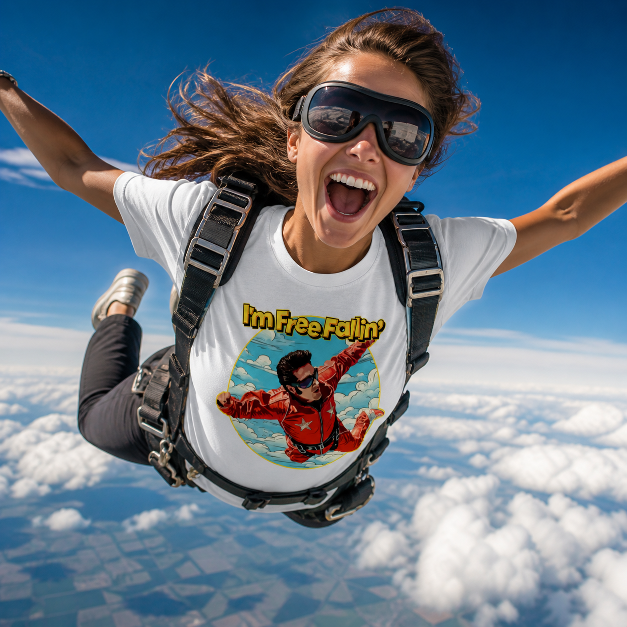 woman wearing a white music inspired graphic t-shirt whilst sky diving