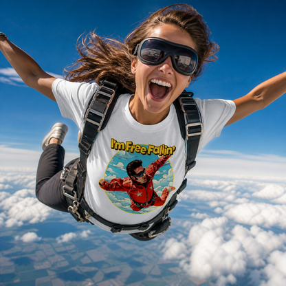 woman wearing a white music inspired graphic t-shirt whilst sky diving