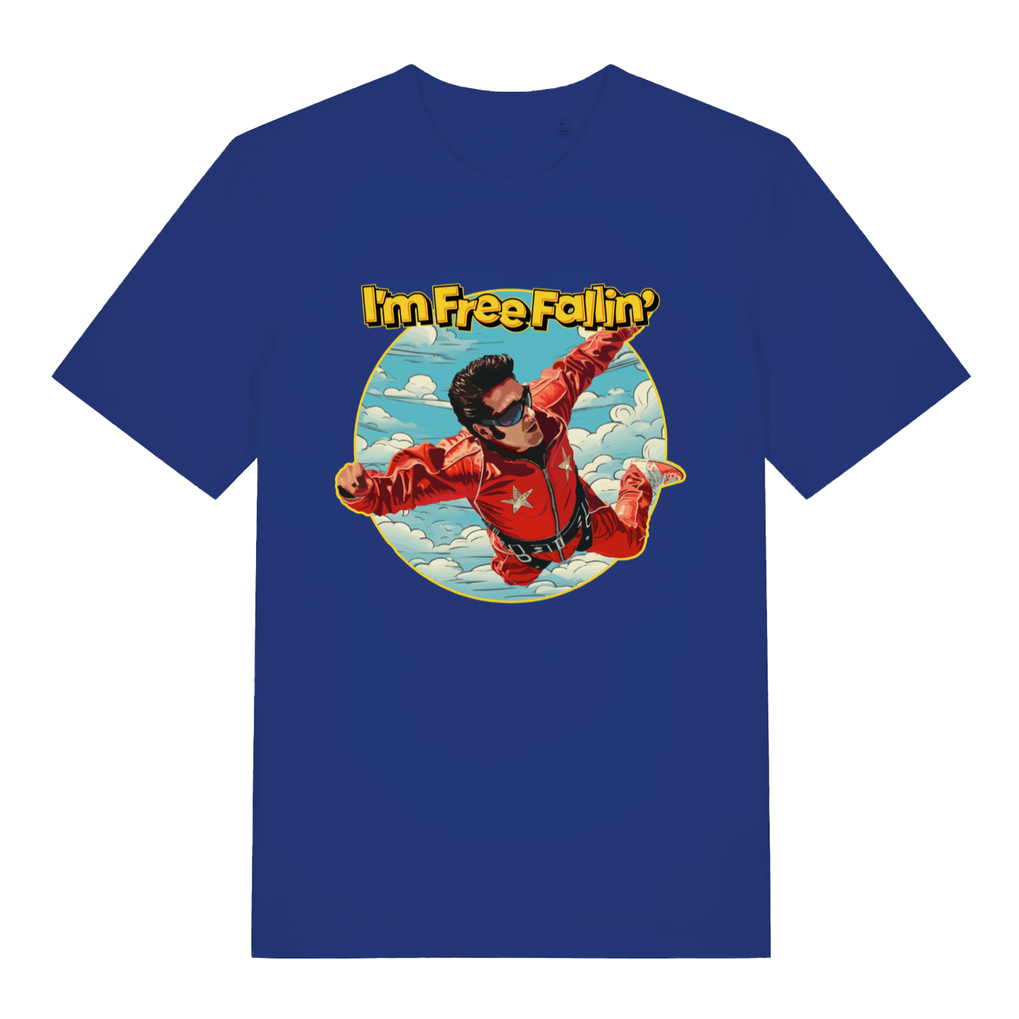 Worker Blue women's Free Fallin' T-shirt flat lay displaying "I'm Free Fallin'" Elvis graphic