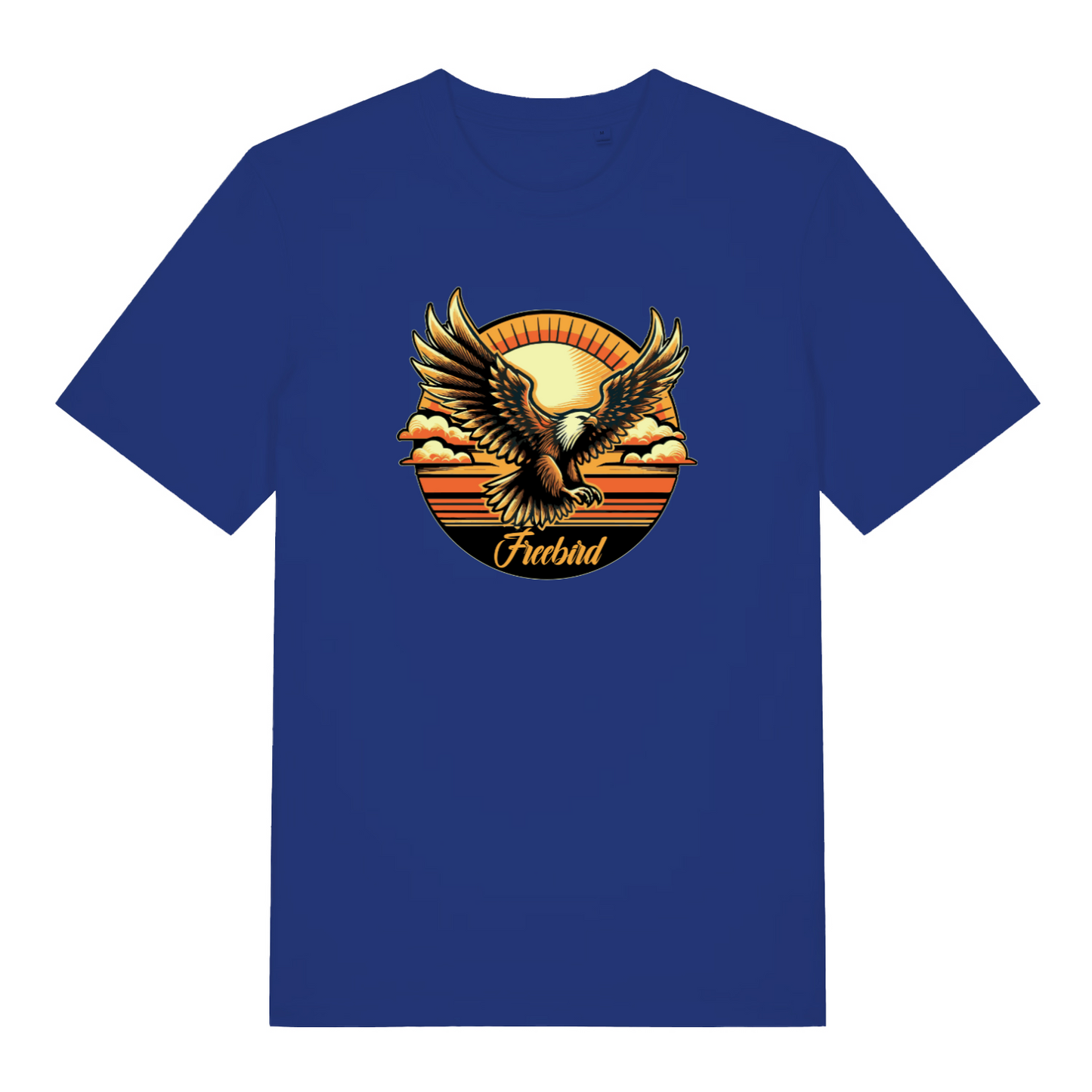 blue music t-shirt with the graphic of an eagle and the slogan 'freebird'