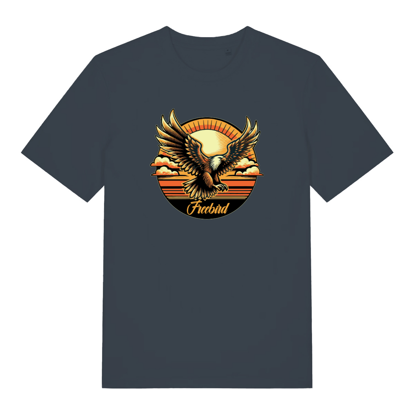ink grey music t-shirt with the graphic of an eagle and the slogan 'freebird'