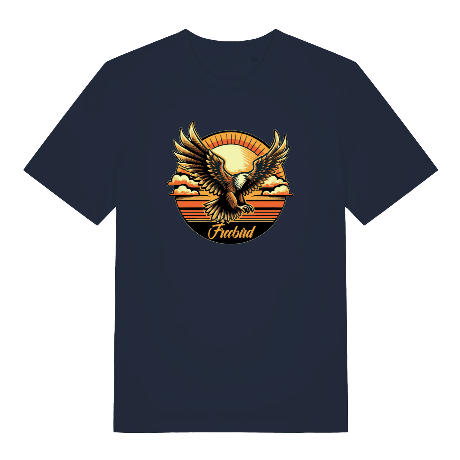 navy music t-shirt with the graphic of an eagle and the slogan 'freebird'
