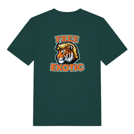 green graphic t-shirt with a tiger design and the slogan 'free exotic'
