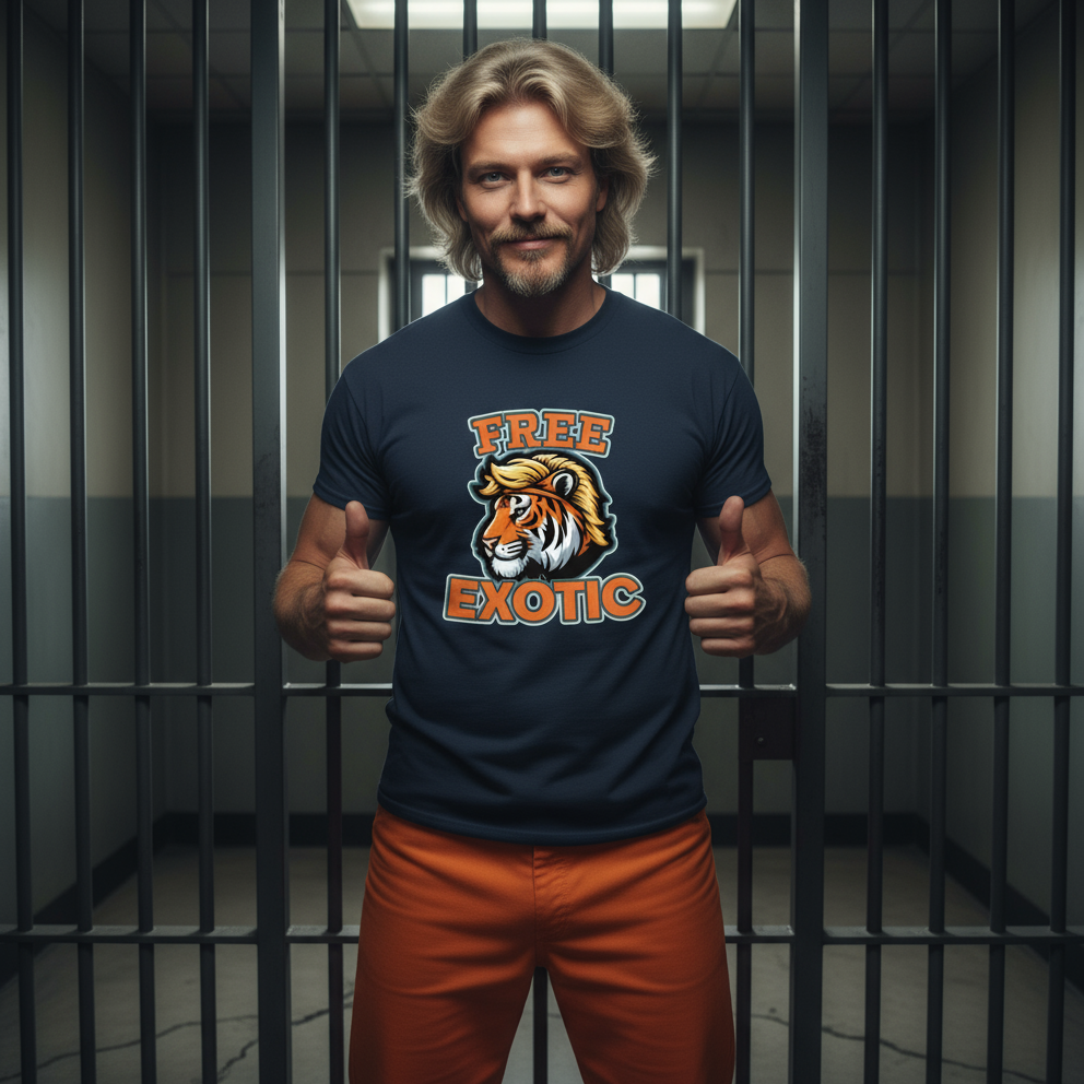 Person wearing a 'Free Exotic' t-shirt in a jail cell
