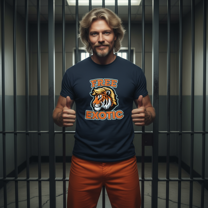Person wearing a 'Free Exotic' t-shirt in a jail cell