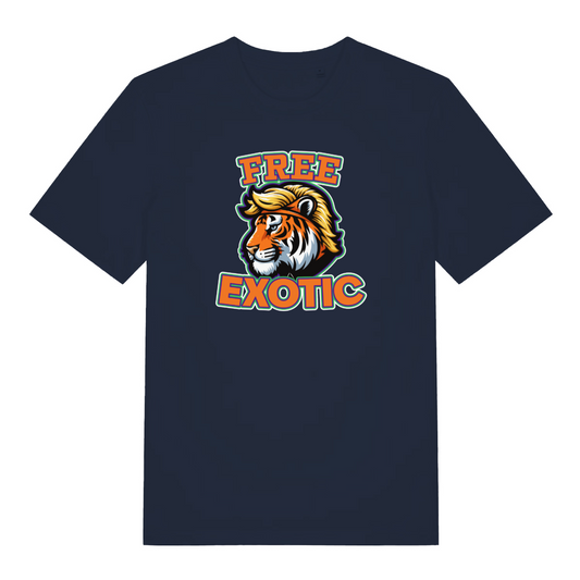 navy graphic t-shirt with a tiger design and the slogan 'free exotic'