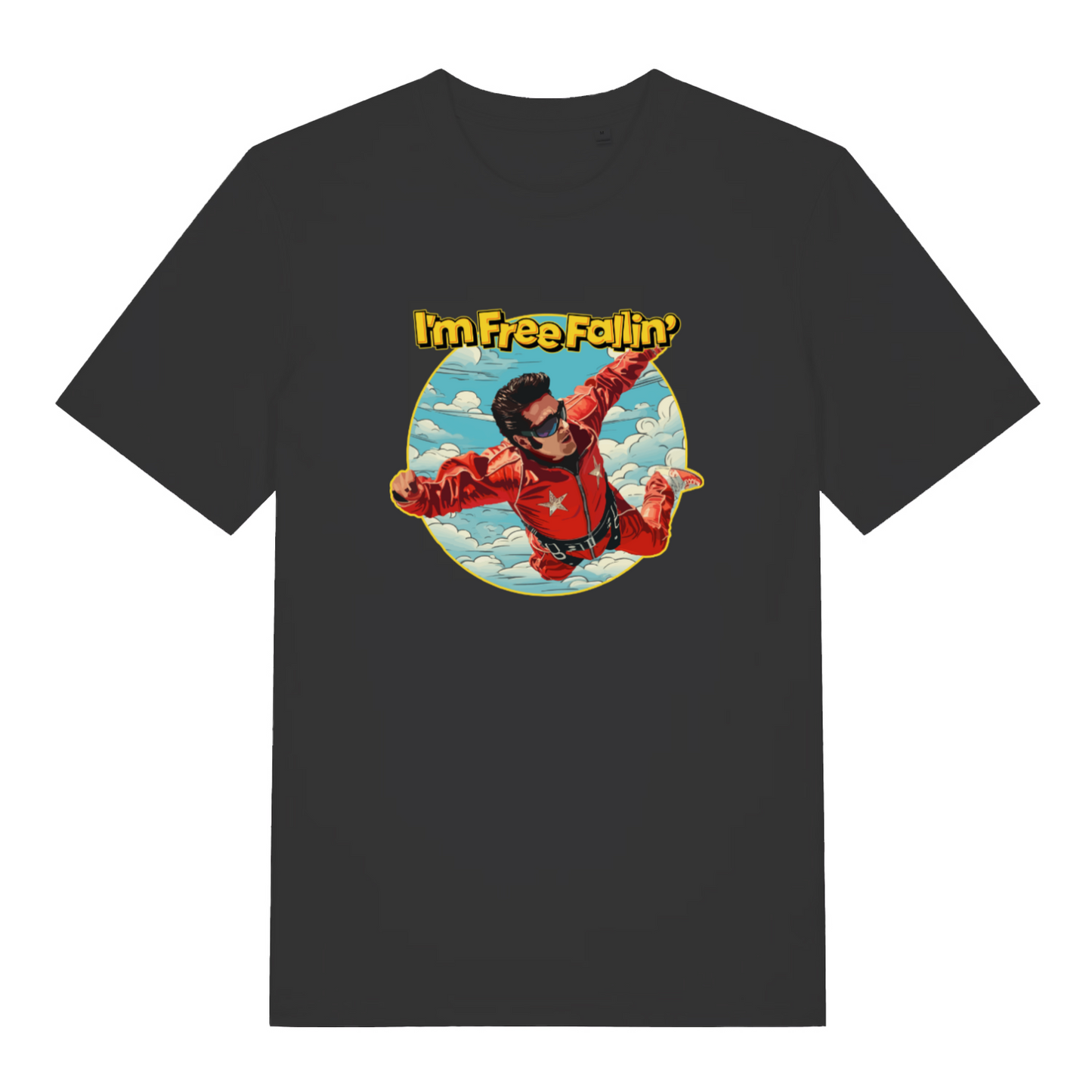 black music t-shirt with the graphic of a sky diver and the slogan 'i'm free fallin'