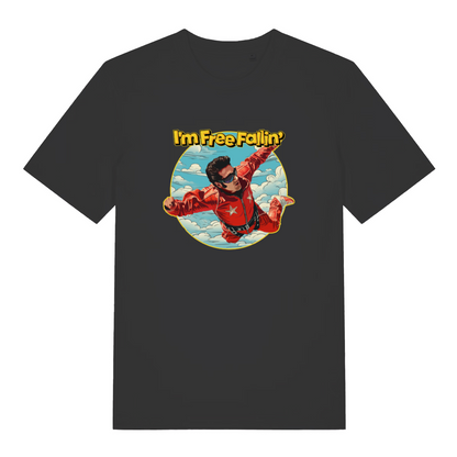 black music t-shirt with the graphic of a sky diver and the slogan 'i'm free fallin'