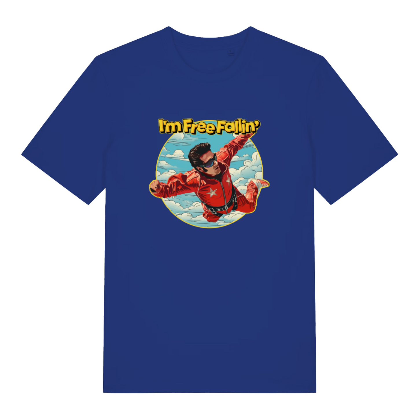blue music t-shirt with the graphic of a sky diver and the slogan 'i'm free fallin'