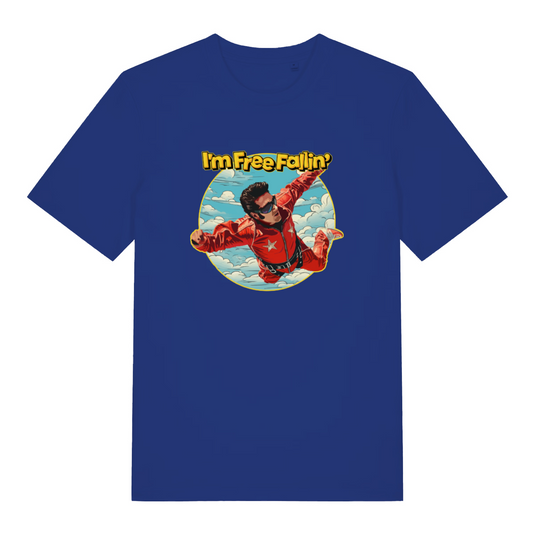 blue music t-shirt with the graphic of a sky diver and the slogan 'i'm free fallin'