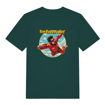 green music t-shirt with the graphic of a sky diver and the slogan 'i'm free fallin'