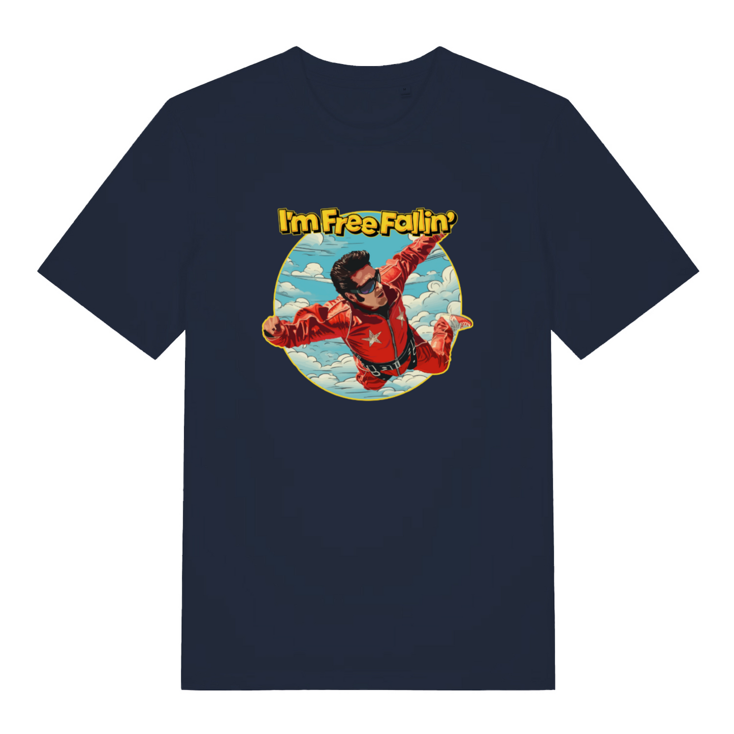 navy music t-shirt with the graphic of a sky diver and the slogan 'i'm free fallin'
