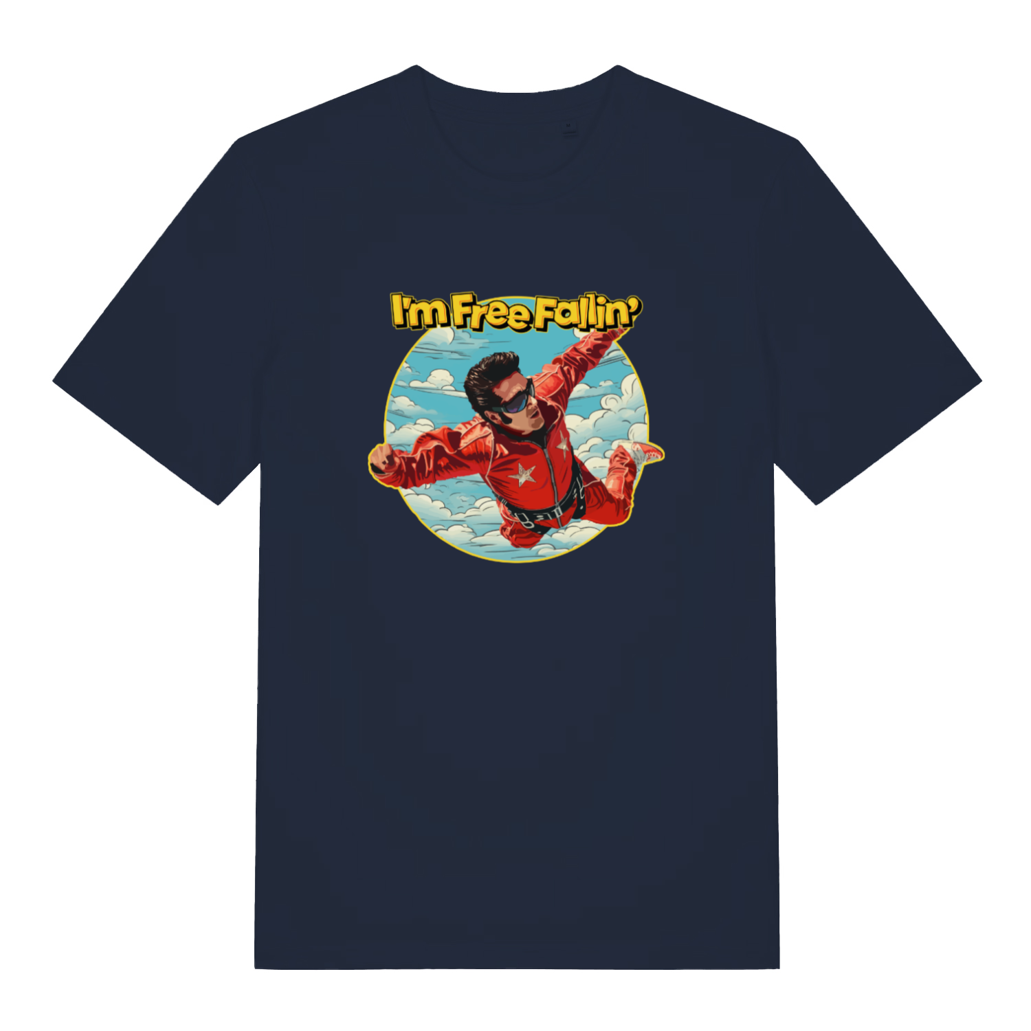 navy music t-shirt with the graphic of a sky diver and the slogan 'i'm free fallin'