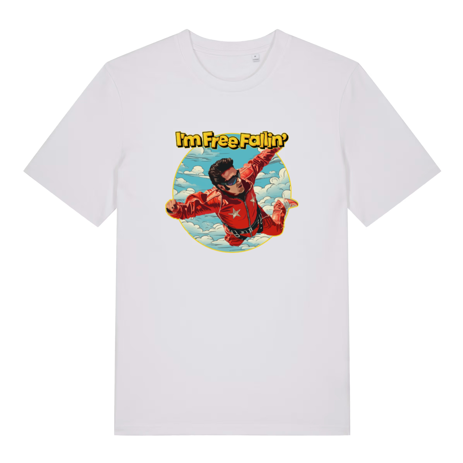 white music t-shirt with the graphic of a sky diver and the slogan 'i'm free fallin'