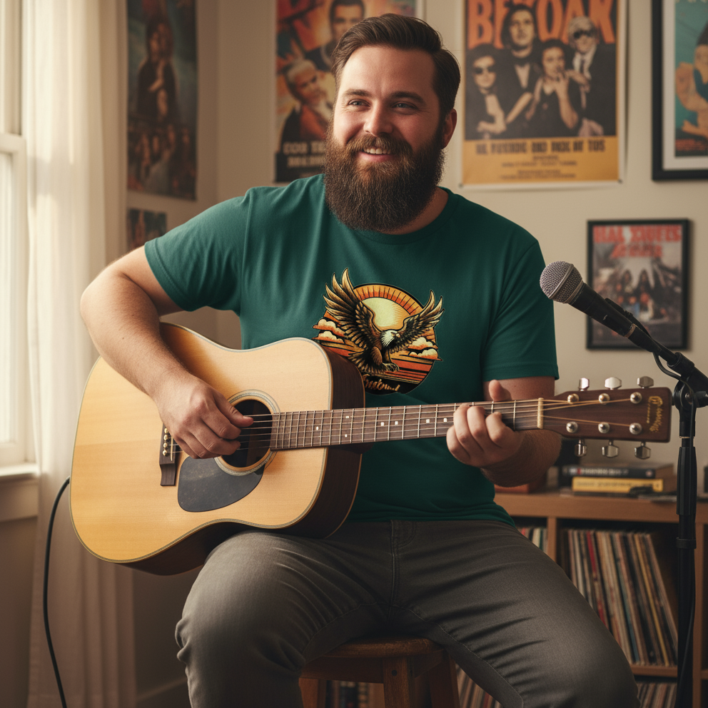 Man playing an acoustic guitar in a room with music posters on the wall.