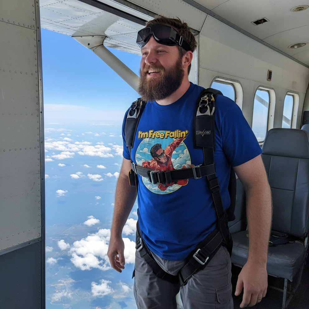 Man in a blue shirt with a 'I'm Free Fallin'' design, wearing a harness, inside an airplane looking out at clouds.