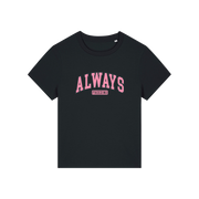 black slogan t-shirt with pink text on that reads 'always freezing'