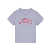 lavender slogan t-shirt with pink text on that reads 'always freezing'