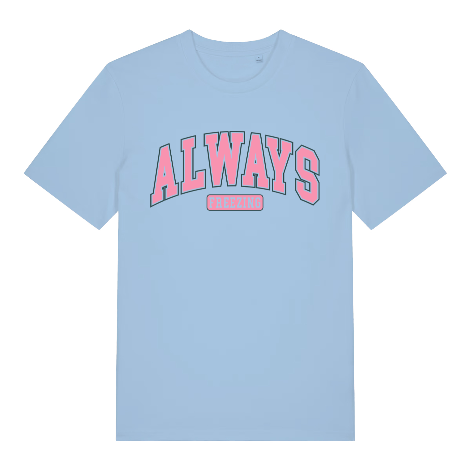 Light Blue women's Always Freezing T-shirt flat lay showing classic pink college slogan