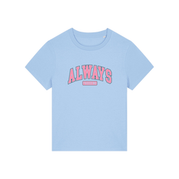 light blue slogan t-shirt with pink text on that reads 'always freezing'