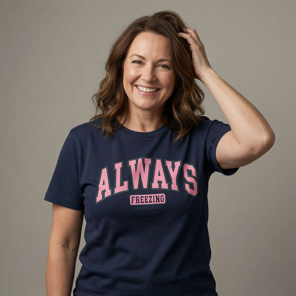 Woman smiling with hand in hair in navy Always Freezing t-shirt, funny ladies relatable slogan