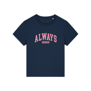 navy slogan t-shirt with pink text on that reads 'always freezing'