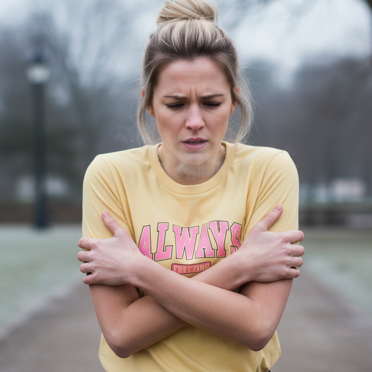 Woman wearing a yellow shirt with 'always freezing' printed on it, standing outdoors with a blurred background.