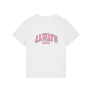 white slogan t-shirt with pink text on that reads 'always freezing'