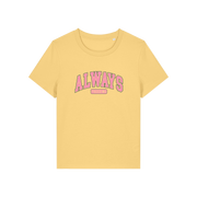 yellow slogan t-shirt with pink text on that reads 'always freezing'