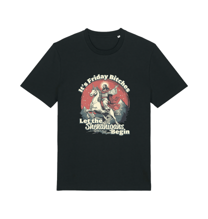 black funny offensive t-shirt with the graphic of jesus riding a unicorn and the slogan 'it's friday bitches let the shenangans begin'