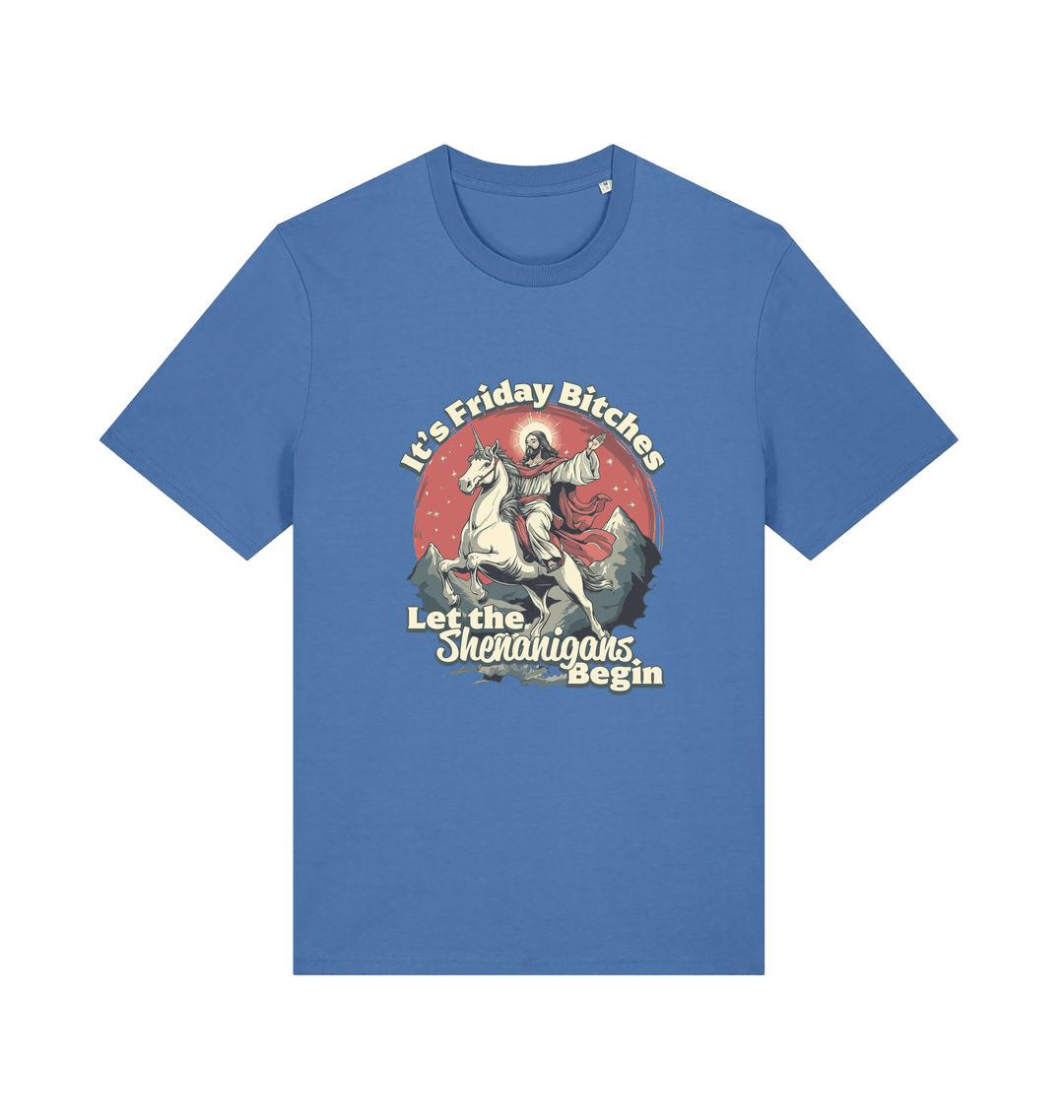 blue funny offensive t-shirt with the graphic of jesus riding a unicorn and the slogan 'it's friday bitches let the shenangans begin'