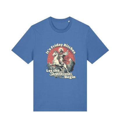 blue funny offensive t-shirt with the graphic of jesus riding a unicorn and the slogan 'it's friday bitches let the shenangans begin'