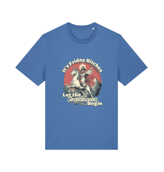 blue funny offensive t-shirt with the graphic of jesus riding a unicorn and the slogan 'it's friday bitches let the shenangans begin'