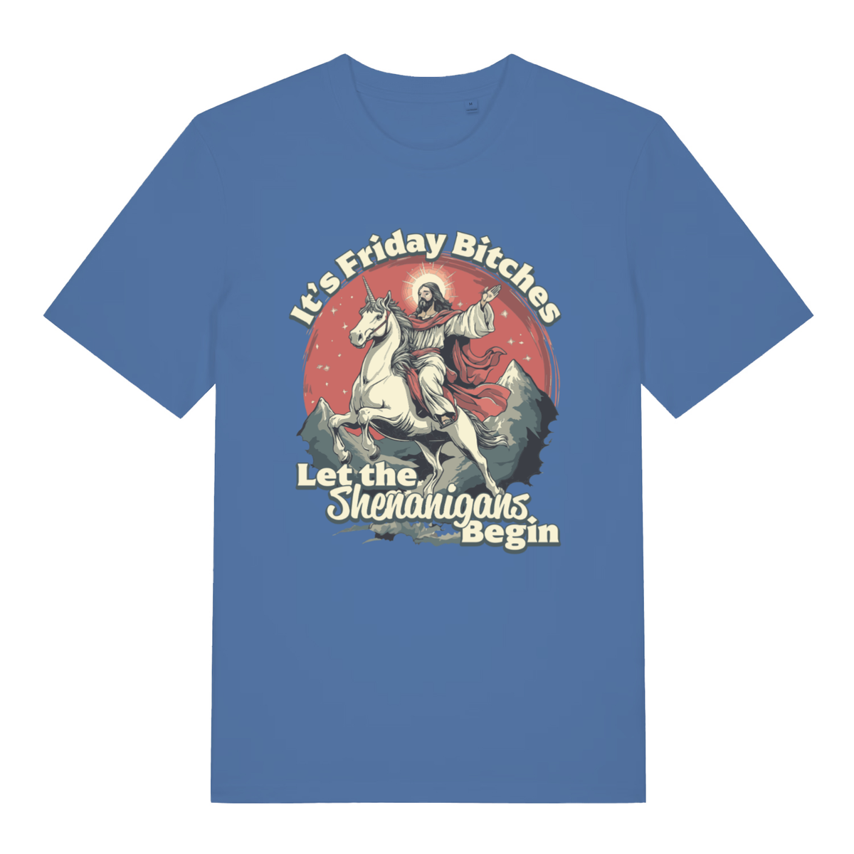 Bright Blue Friday Shenanigans T-shirt flat lay featuring funny Jesus unicorn design