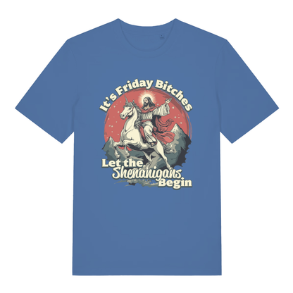 Bright Blue Friday Shenanigans T-shirt flat lay featuring funny Jesus unicorn design