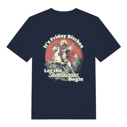French Navy Friday Shenanigans T-shirt flat lay showing Jesus riding unicorn "Let the Shenanigans Begin"
