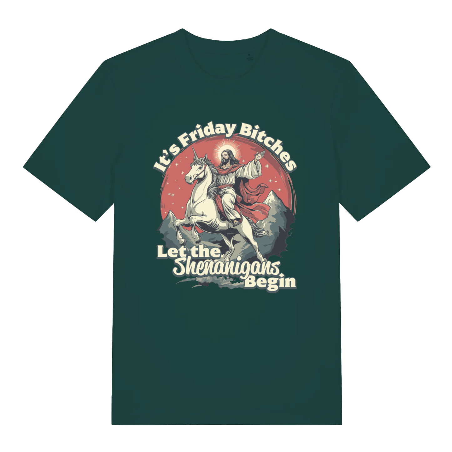 Glazed Green Friday Shenanigans T-shirt flat lay with hilarious Friday Bitches unicorn graphic