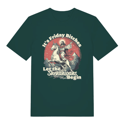 Glazed Green Friday Shenanigans T-shirt flat lay with hilarious Friday Bitches unicorn graphic