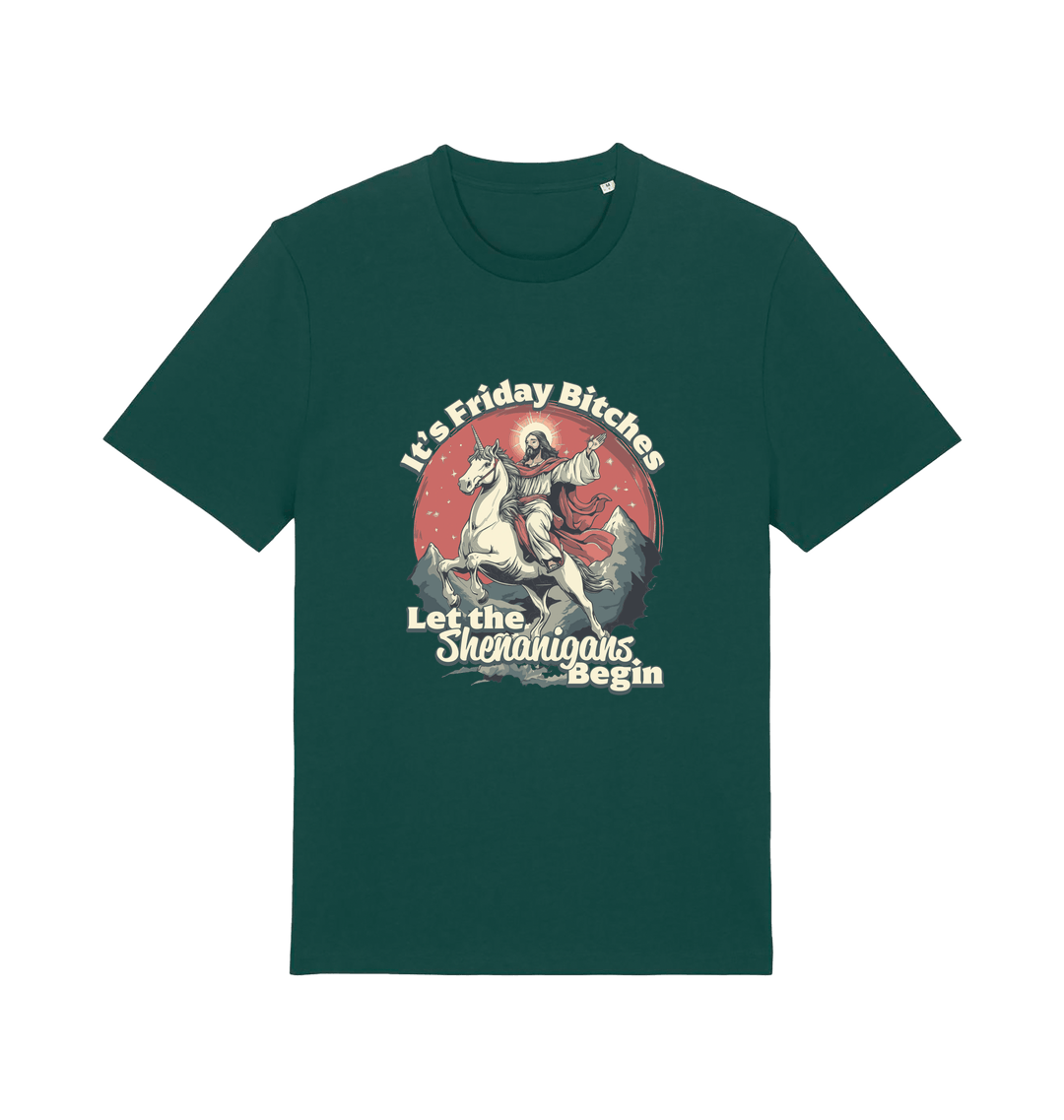green funny offensive t-shirt with the graphic of jesus riding a unicorn and the slogan 'it's friday bitches let the shenangans begin'