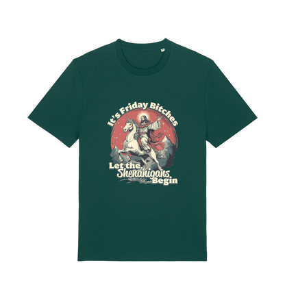 green funny offensive t-shirt with the graphic of jesus riding a unicorn and the slogan 'it's friday bitches let the shenangans begin'