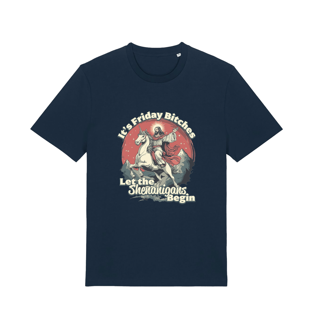 navy funny offensive t-shirt with the graphic of jesus riding a unicorn and the slogan 'it's friday bitches let the shenangans begin'