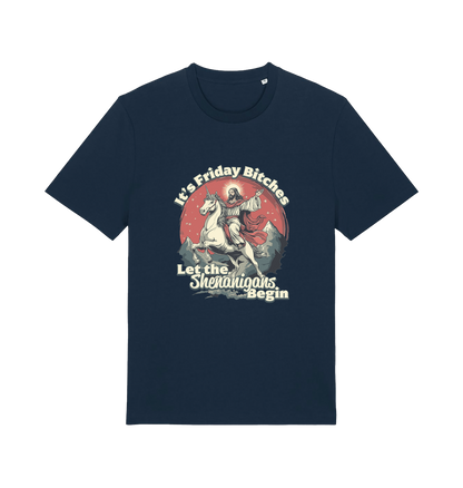 navy funny offensive t-shirt with the graphic of jesus riding a unicorn and the slogan 'it's friday bitches let the shenangans begin'