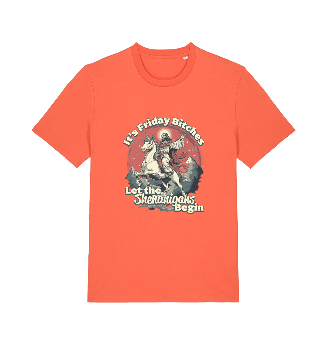 orange funny offensive t-shirt with the graphic of jesus riding a unicorn and the slogan 'it's friday bitches let the shenangans begin'